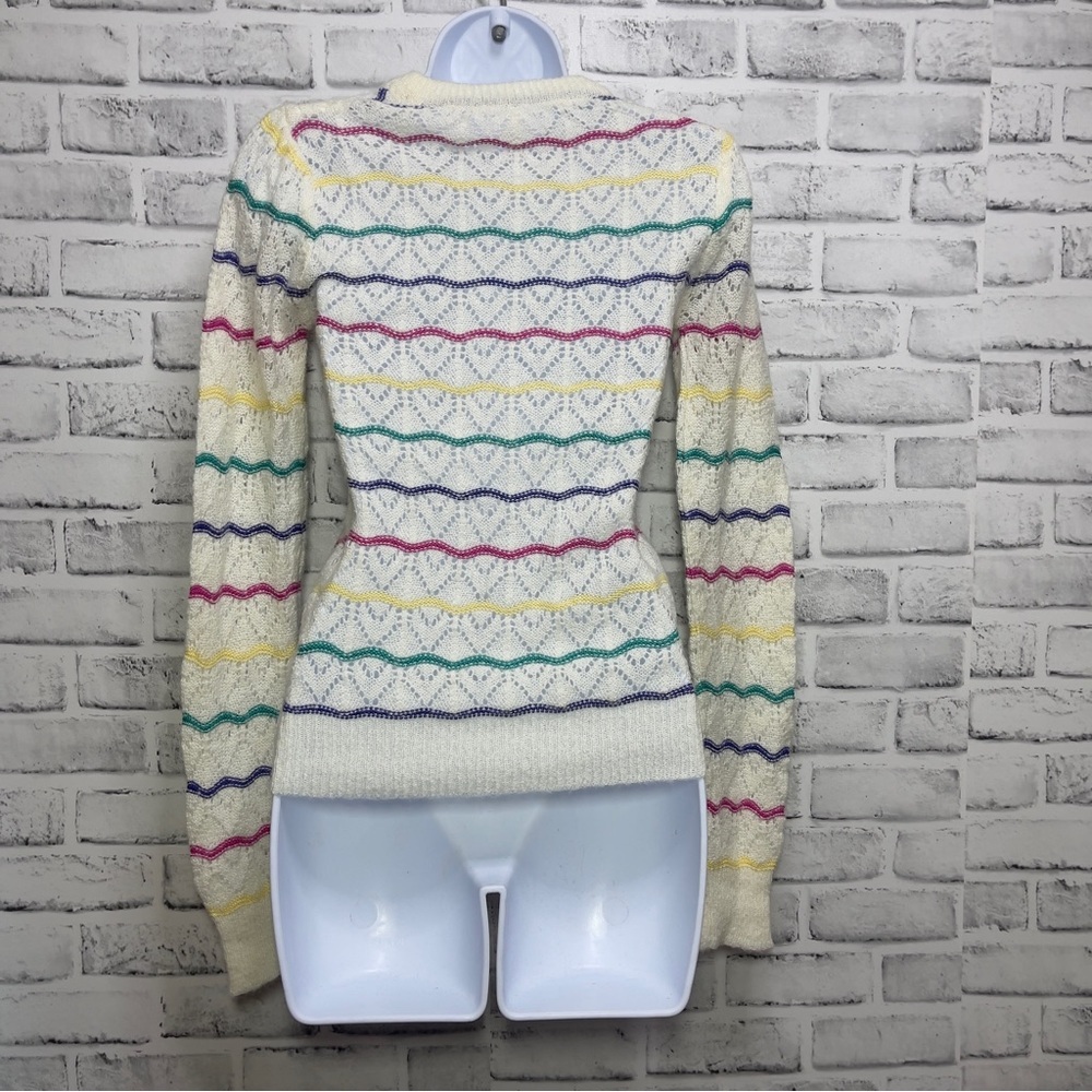 Vintage M.Rena White Rainbow Striped Breathable Mohair Blend Crew Neck Sweater S - Picture 3 of 5